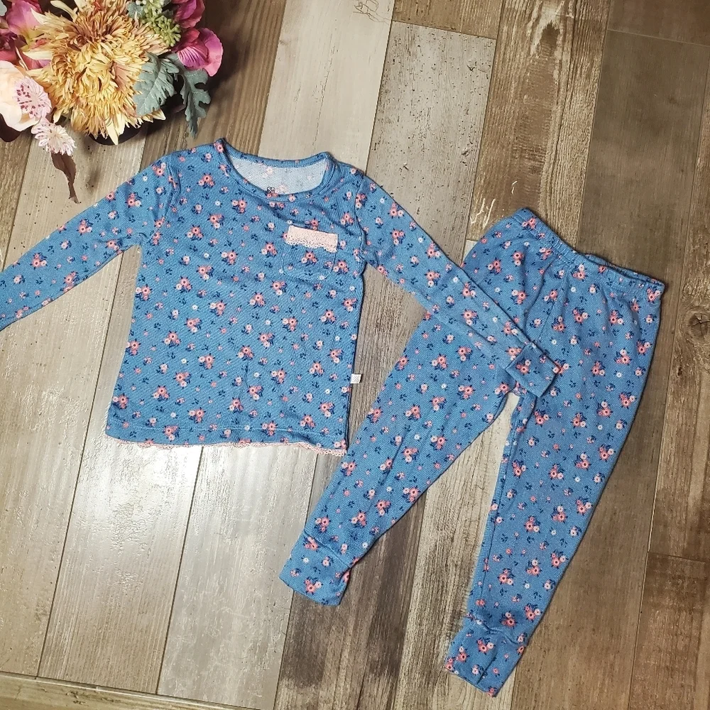 Daisy Fuentes Blue & Pink Floral Matching Pajama PJ Set Toddler Girl Size 3T EUC